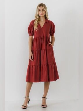 Free the Roses Anthropologie STRIPE TEXTURE MIDI DRESS in Red XS NWT